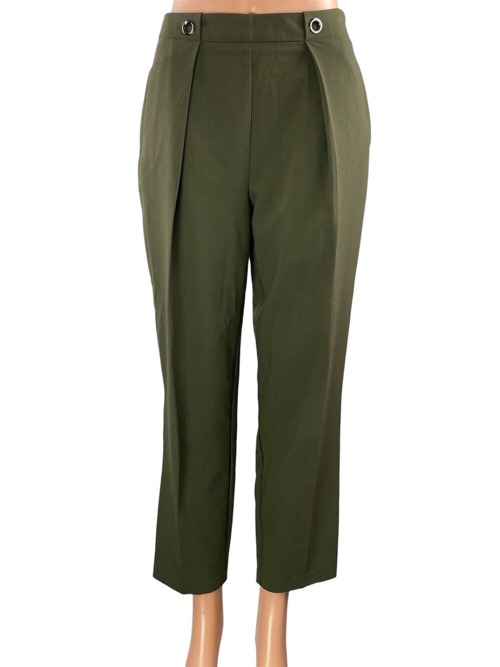 Topshop Women's Green High Waisted Pleated Straight Ankle Trousers Pants Size 4